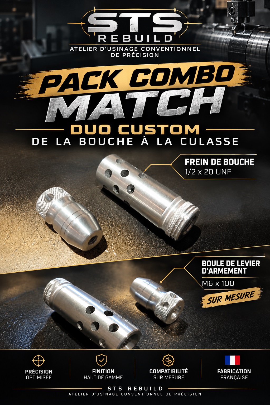 Fabrication sur mesure de freins de bouche, d'embouts PAK, de boules de levier d'armement et d'accessoires de tir par STS REBUILD