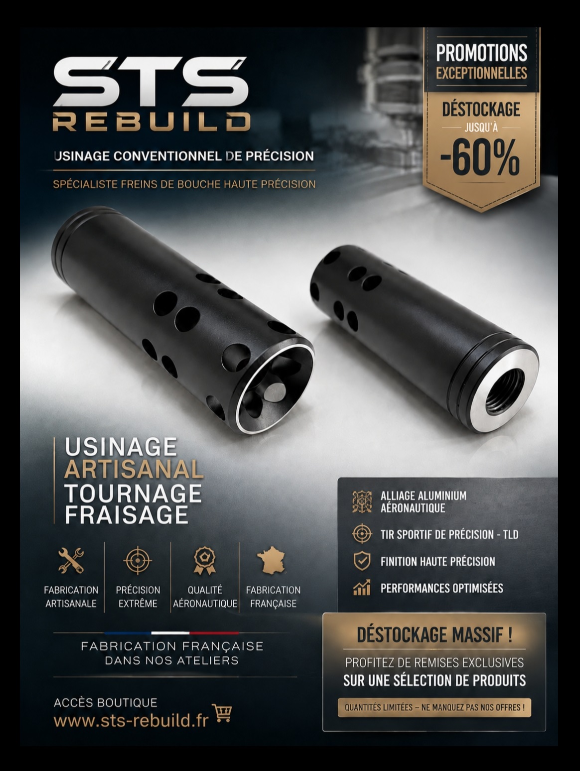 Fabrication sur mesure de freins de bouche, d'embouts PAK, de boules de levier d'armement et d'accessoires de tir par STS REBUILD