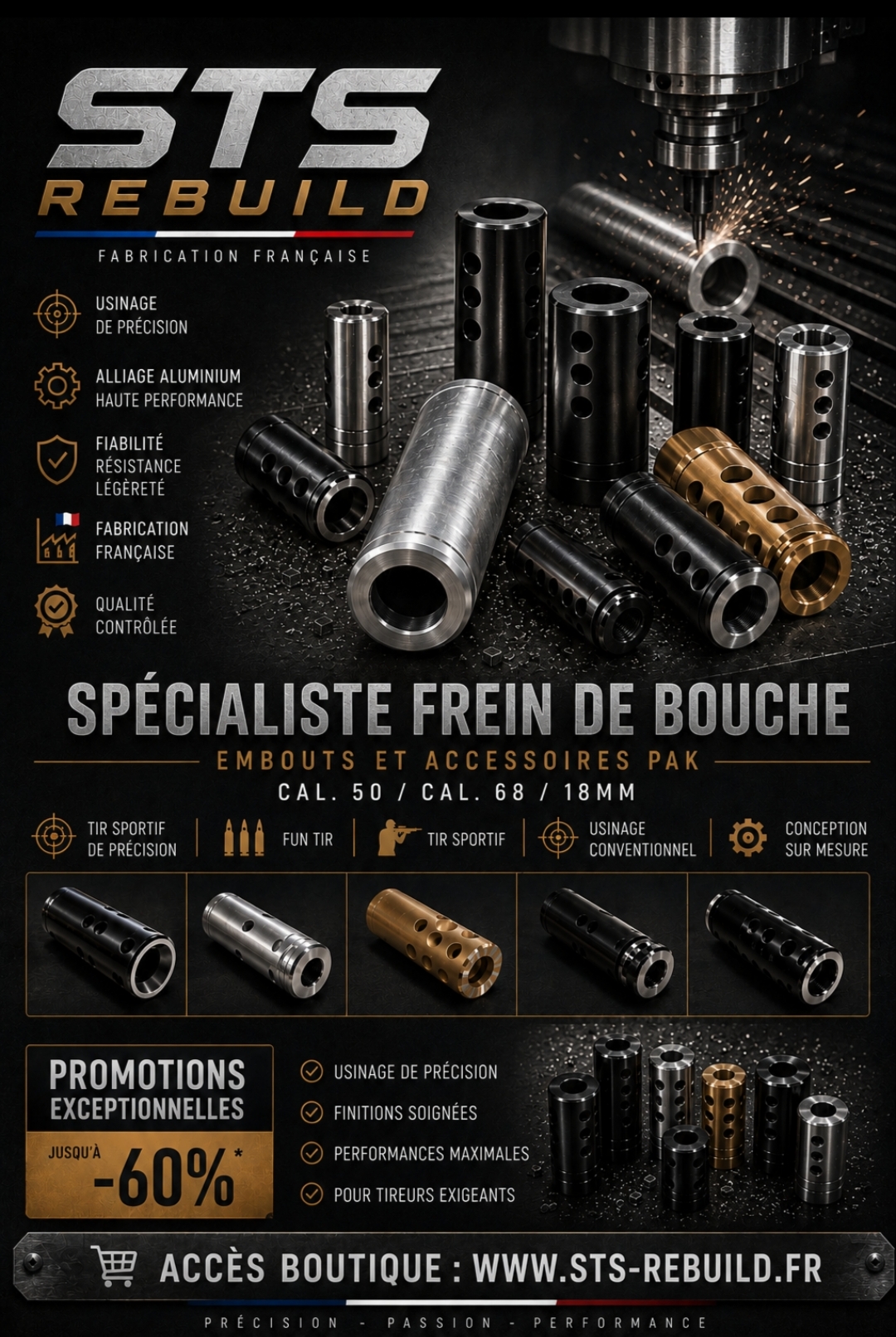 Fabrication sur mesure de freins de bouche, d'embouts PAK, de boules de levier d'armement et d'accessoires de tir par STS REBUILD